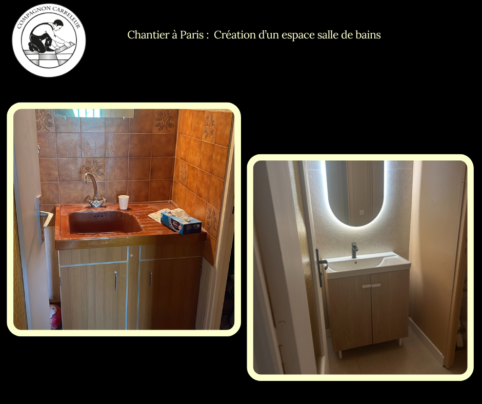 sdb paris Artisan Compagnon Carreleur en train de poser du carrelage