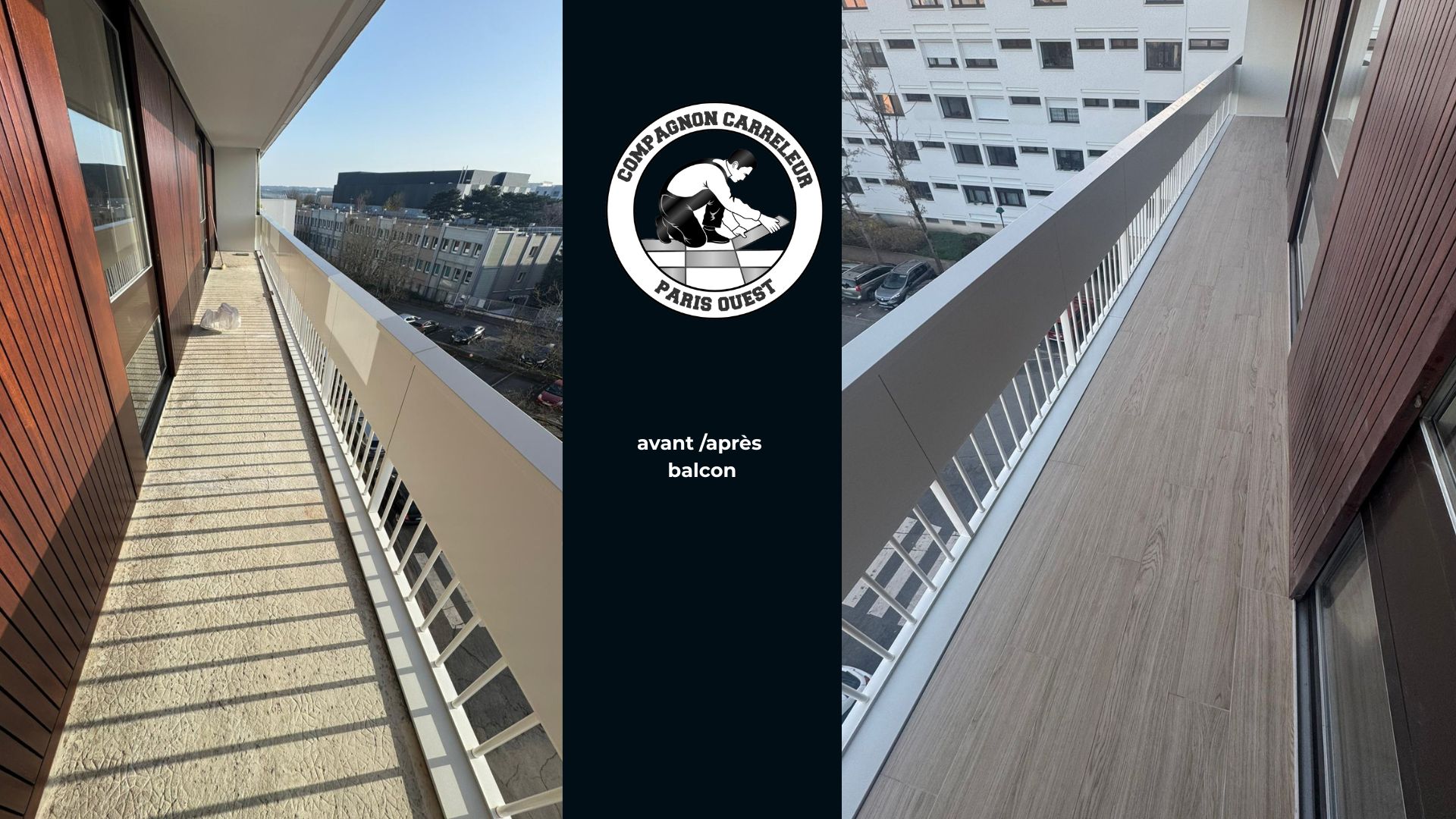 réalisation d'un balcon, pose d'une natte de désolidarisation et pose de carrelage imitation parquet
