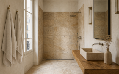 Salle de bain en travertin et douche italienne à Saint-Germain-en-Laye, 8 jours de chantier tenus