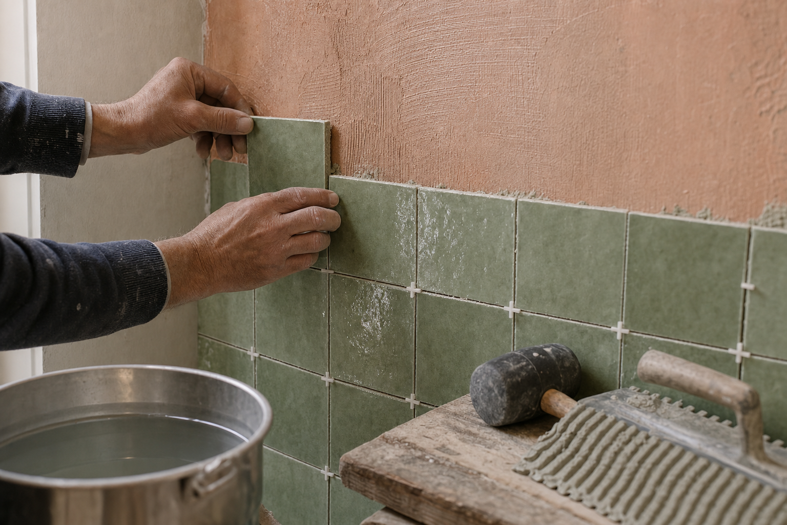 Carreleur posant un zellige vert sauge sur mur de salle de bain à Enghien-les-Bains.
