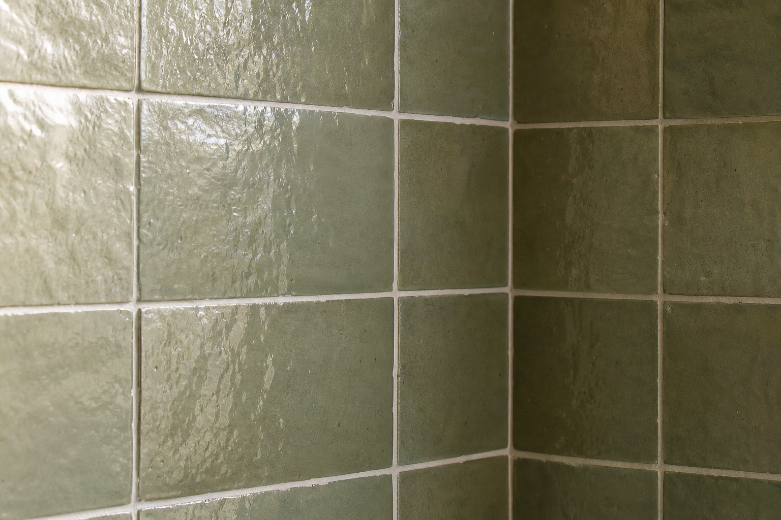 Détail mur de zellige vert sauge avec joints à la chaux blanche cassée, salle de bain Enghien-les-Bains.