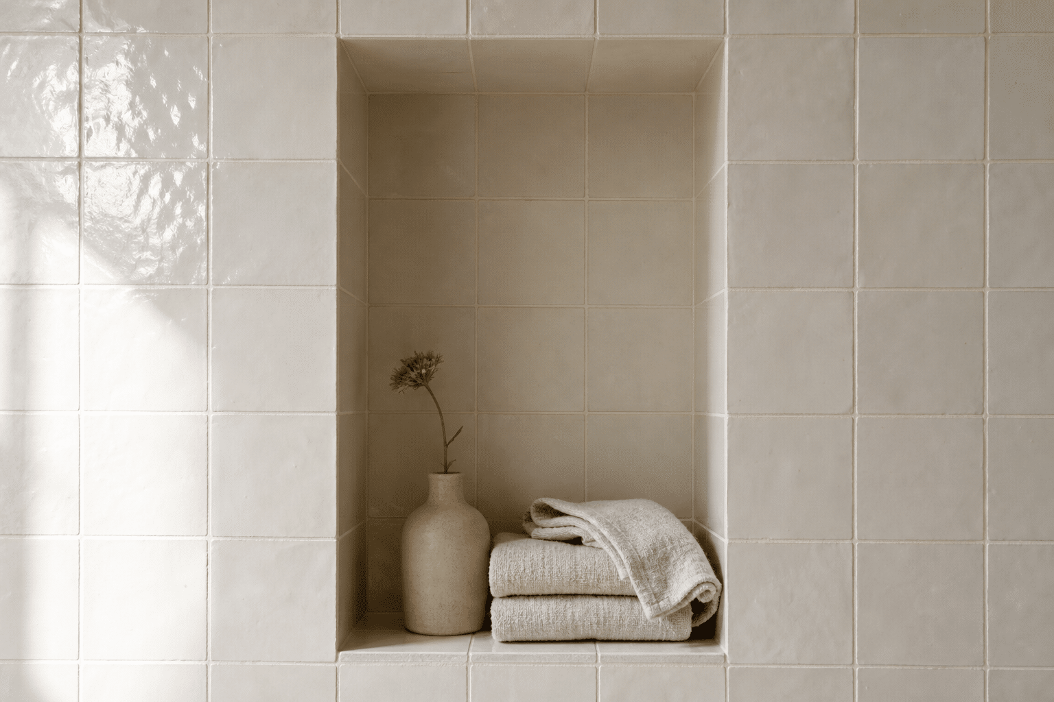 Détail d'alcôve en zellige de Fès blanc brillant avec joint à la chaux, salle de bain à Versailles.